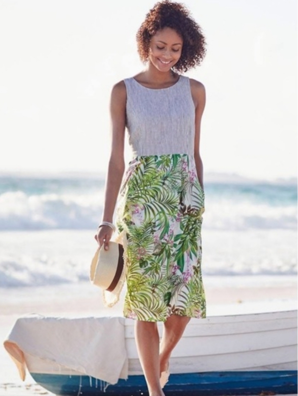 J. Jill Linen-Blend Striped Bodice Tropical Print Sleeveless Midi Dress MP